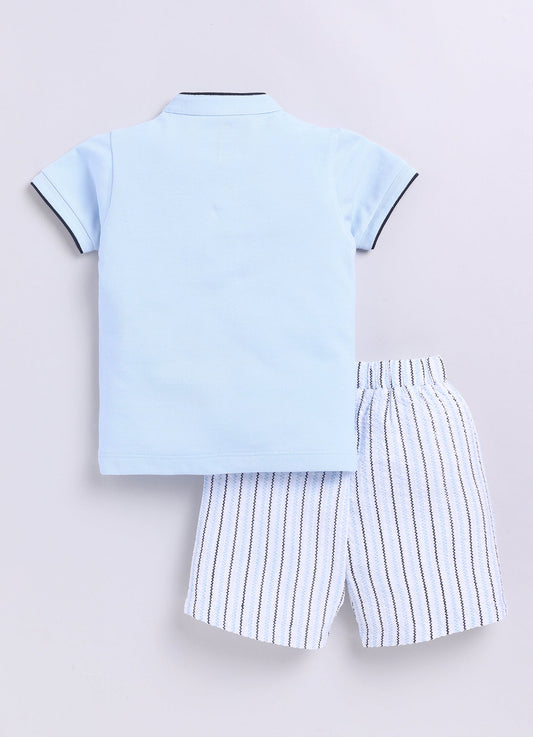 Baby Boy Blue T Shirt & Striped Short-SKY BLUE