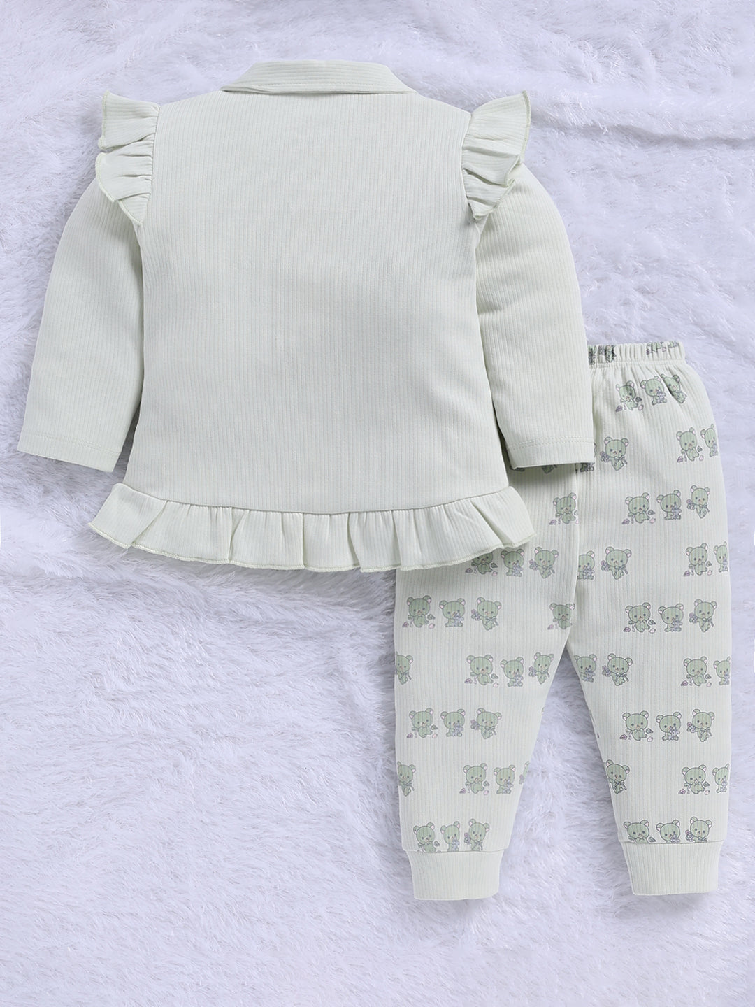 Top & Bottom for Girls - Mint Green Bear Print Ruffle Tunic & Trousers Set