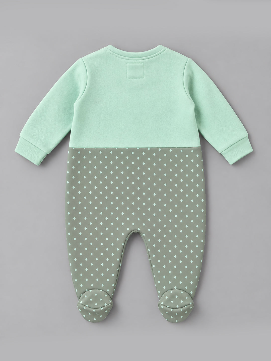 Saurus Dinosaur Embroidered Footed Full Sleeve Romper for Boys - Mint & Olive Green