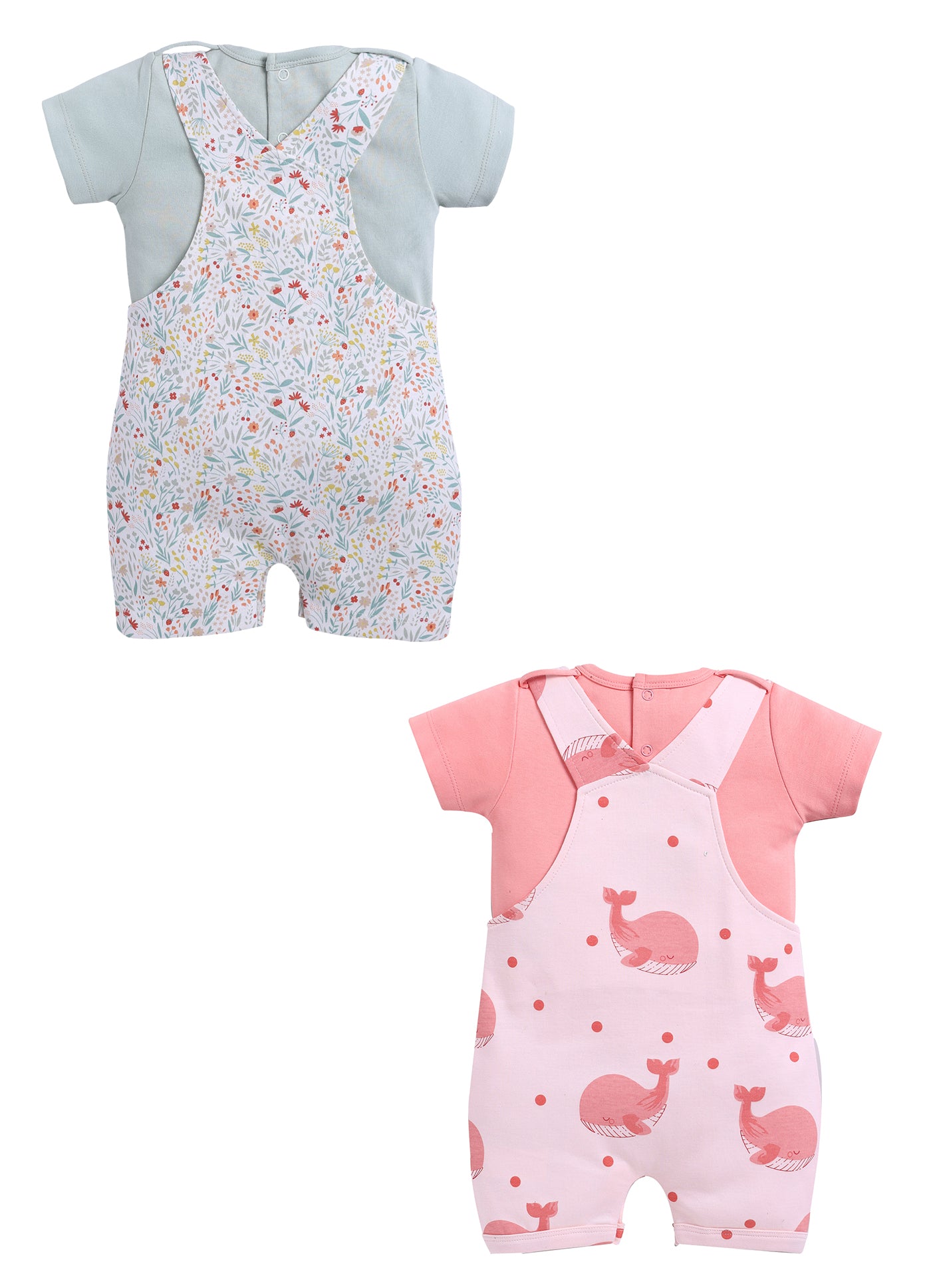 Half Sleeve Dungaree for Girls - Mint & Salmon