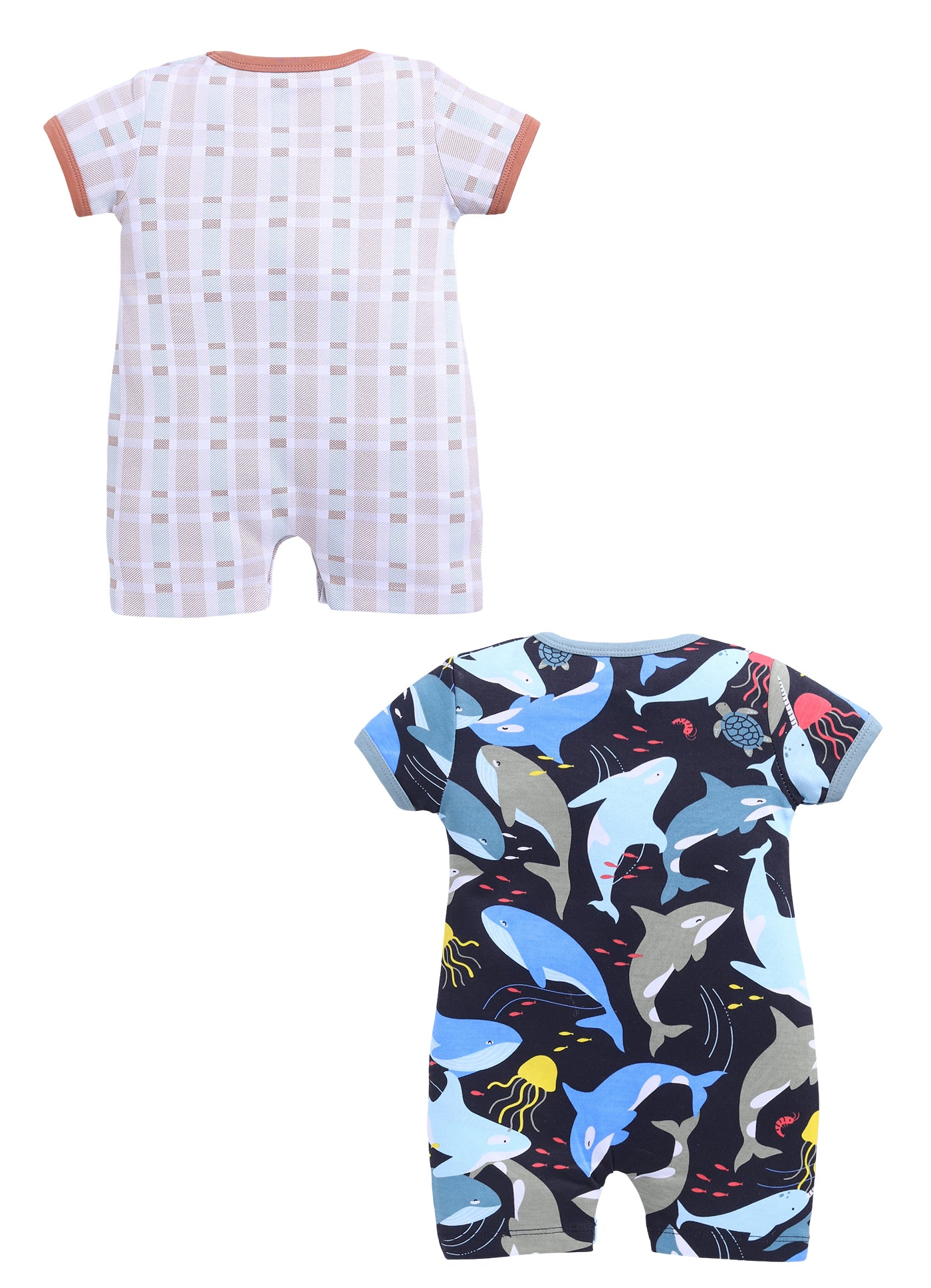 Half Sleeve Romper for Boys - Tan & Navy