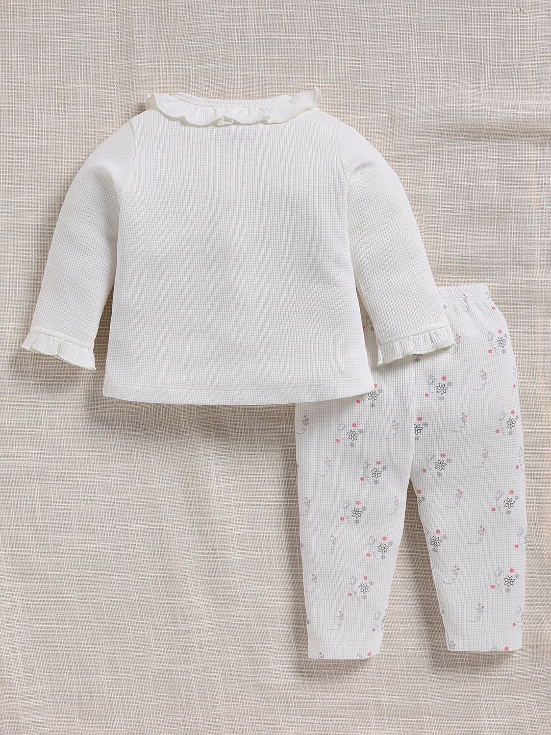 Top & Bottom for Girls - White Butterfly Embroidered Waffle Top & Printed Trousers Set