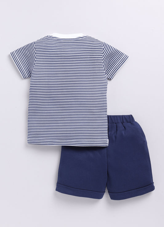 Baby Boy SEA Printed & Nautical Stripes Half T-Shirt and Shorts Set-Navy Blue