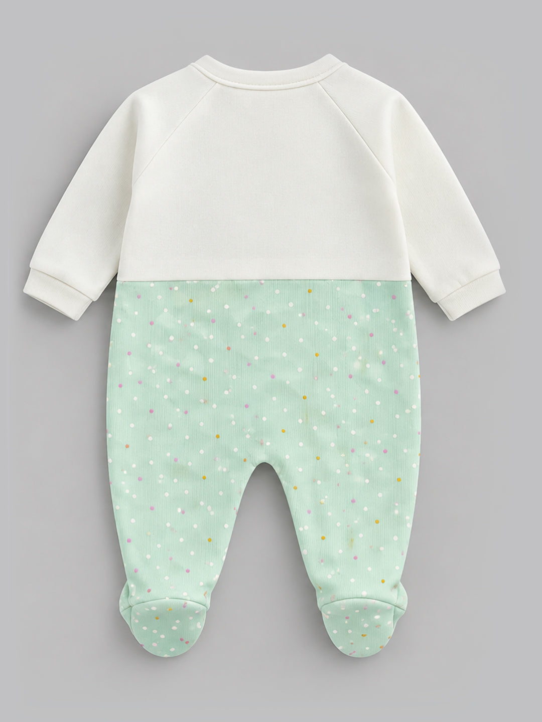 Love Floral Embroidered Polka Dot Footed Full Sleeve Romper for Girls - Mint Green
