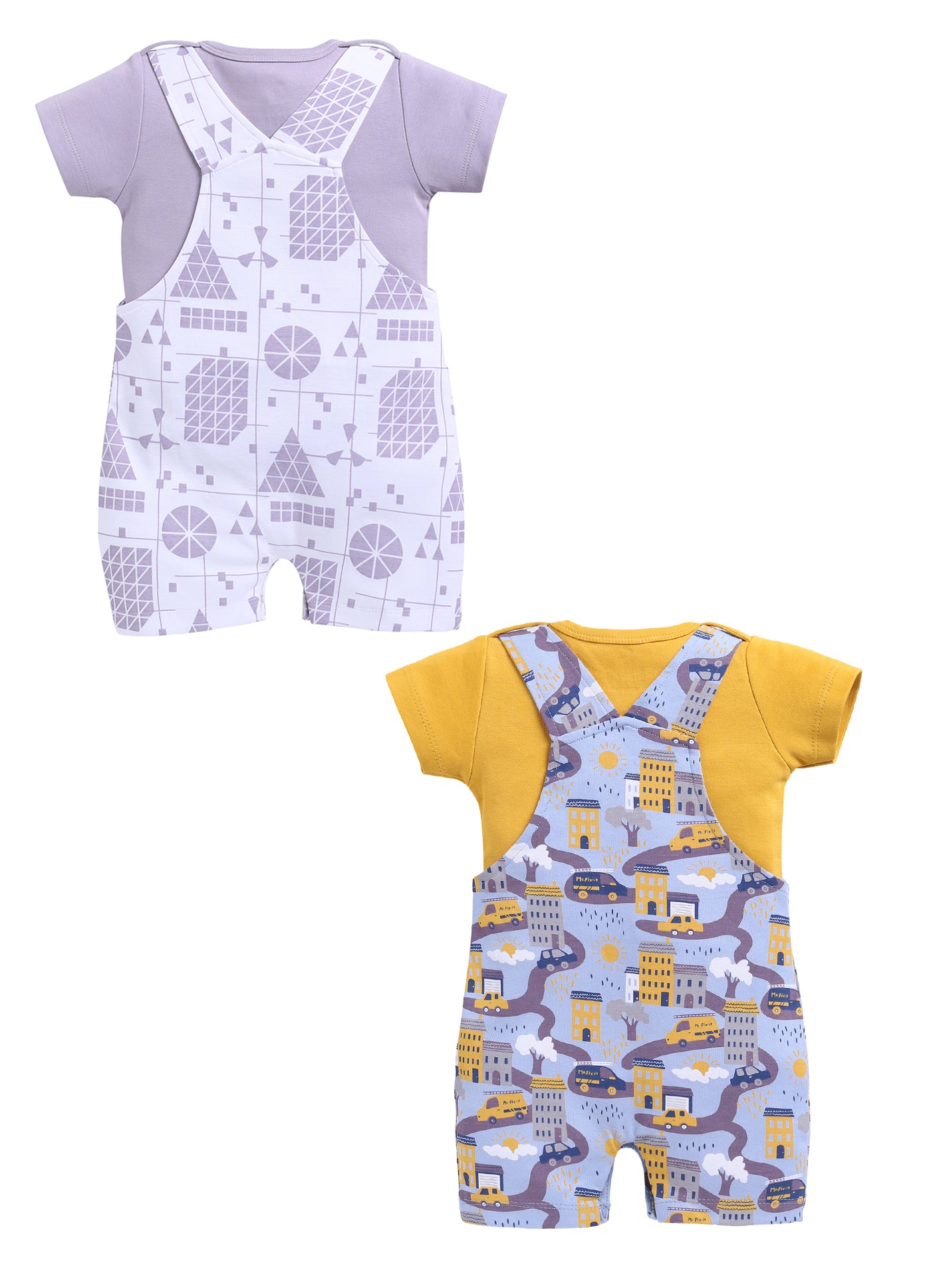 Half Sleeve Dungaree for Boys - Yellow & Off-White