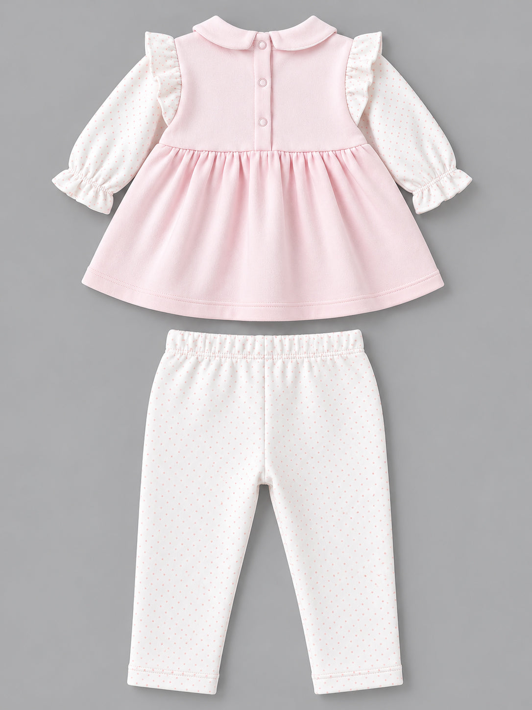Bunny Bear Pocket Collared Polka Dot Full Sleeve Top and Bottom for Girls - Soft Pink & Off-White