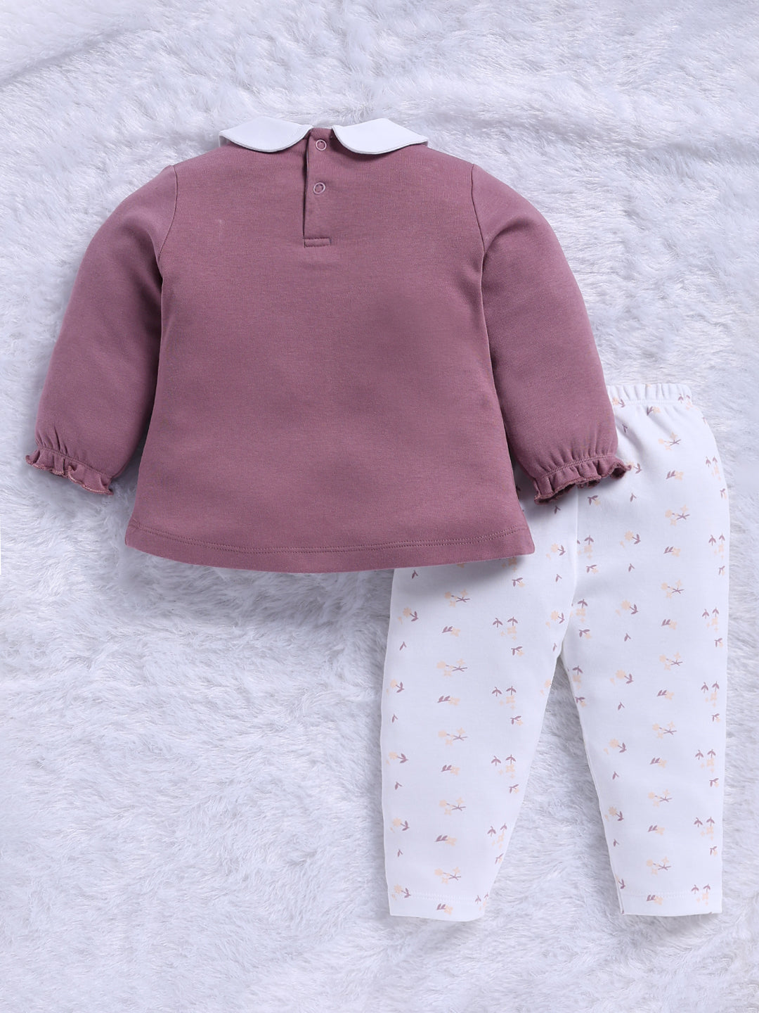 Top & Bottom for Girls - Mauve Animal Embroidered Top & Printed Trousers Set