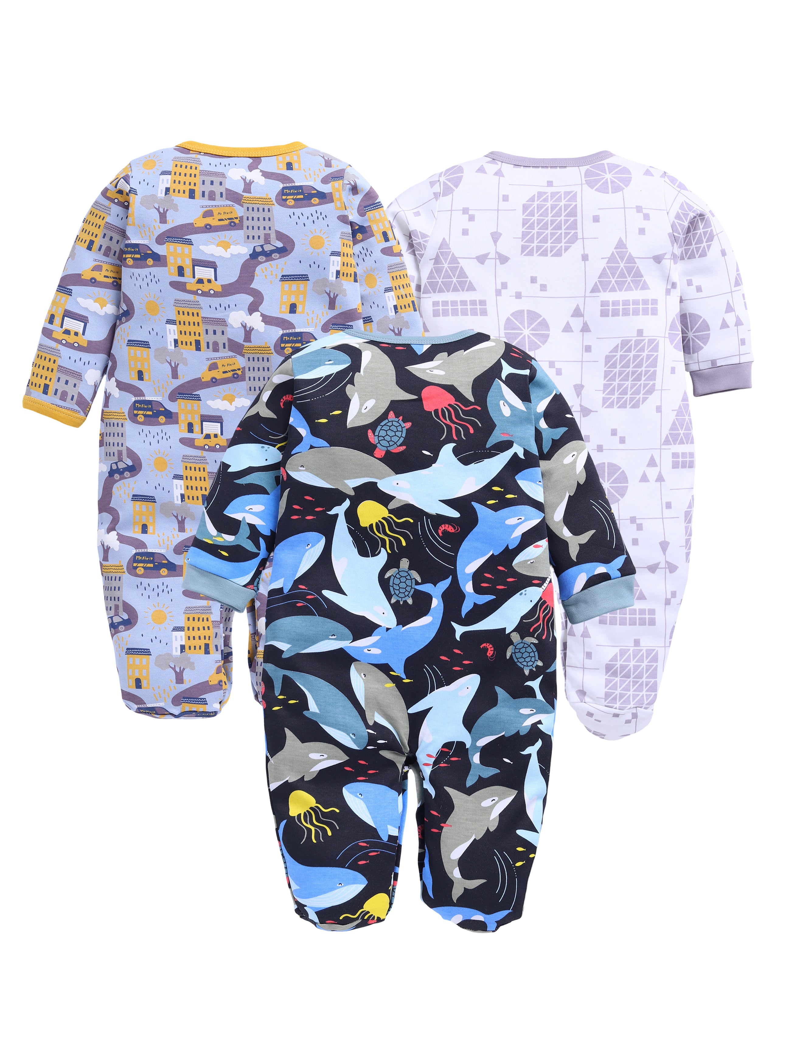 Full Sleeve Romper for Boys - Yellow & Off-White & Navy