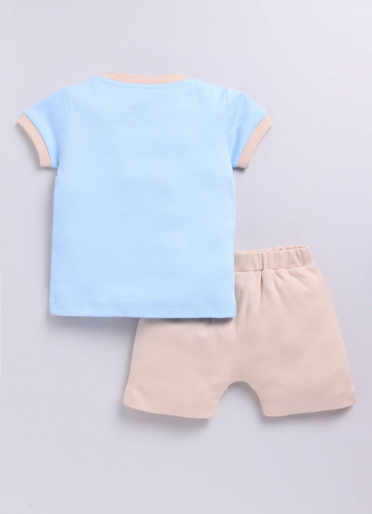 Puppy Embroidered Baby Boy Half T-Shirt & Shorts Summer Set-Sky