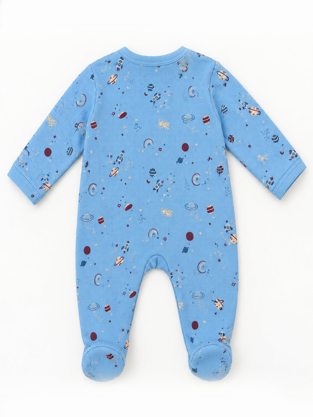 Cosmic Space Explorer Printed Waffle Knit Full Sleeve Romper for Boys - Sky Blue