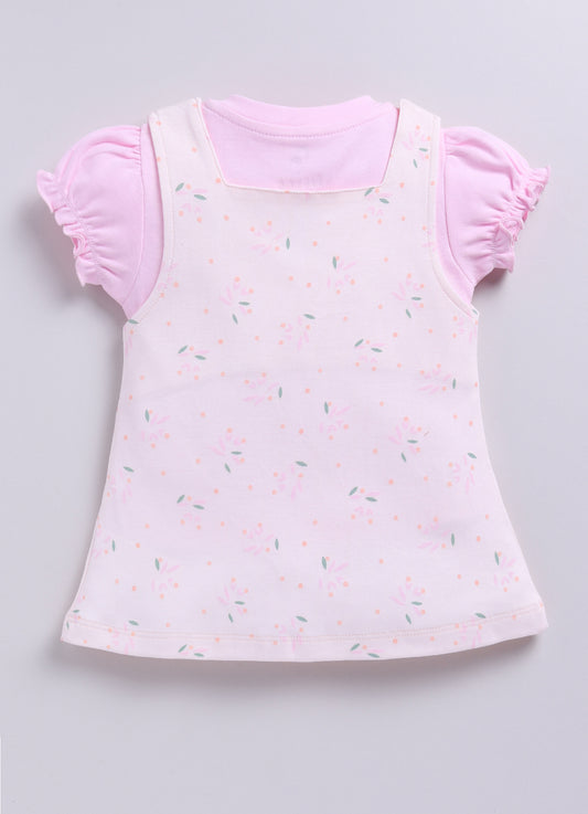 Baby Girl Floral Print Pinafore Dress with Layered Top-PINK