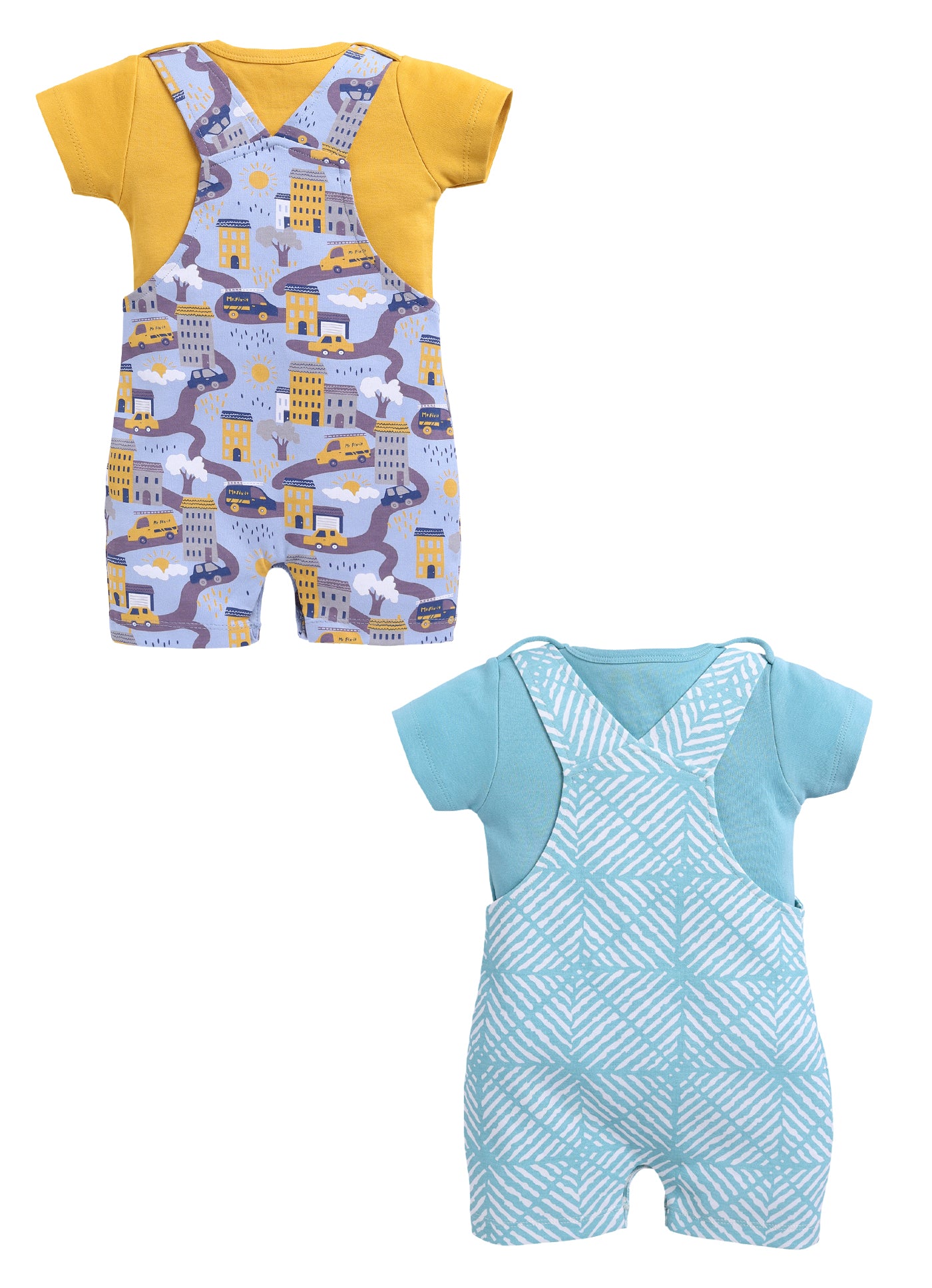 Half Sleeve Dungaree for Boys - Sea Green & Yellow