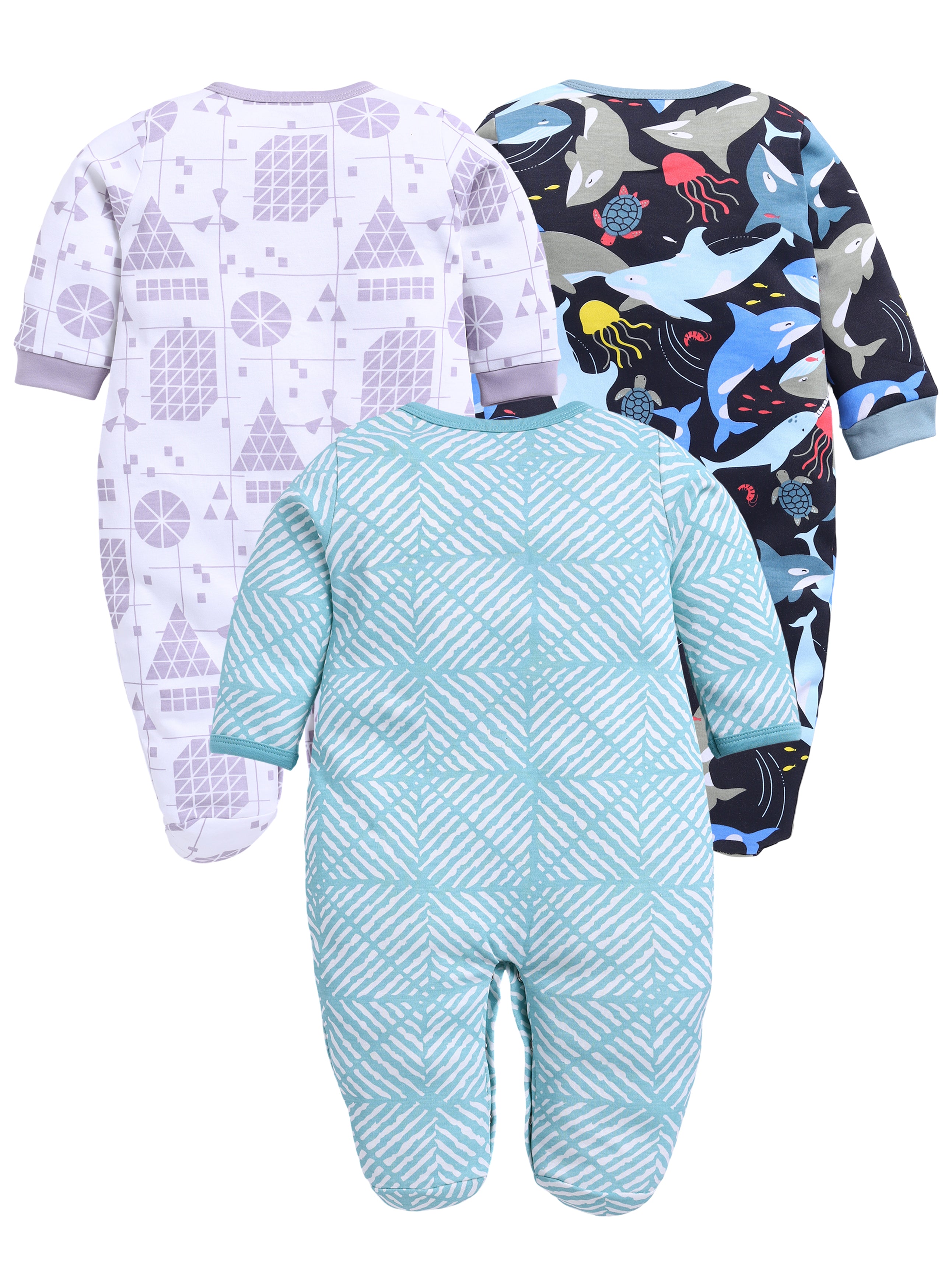 Full Sleeve Romper for Boys - Sea Green & Off-White & Green
