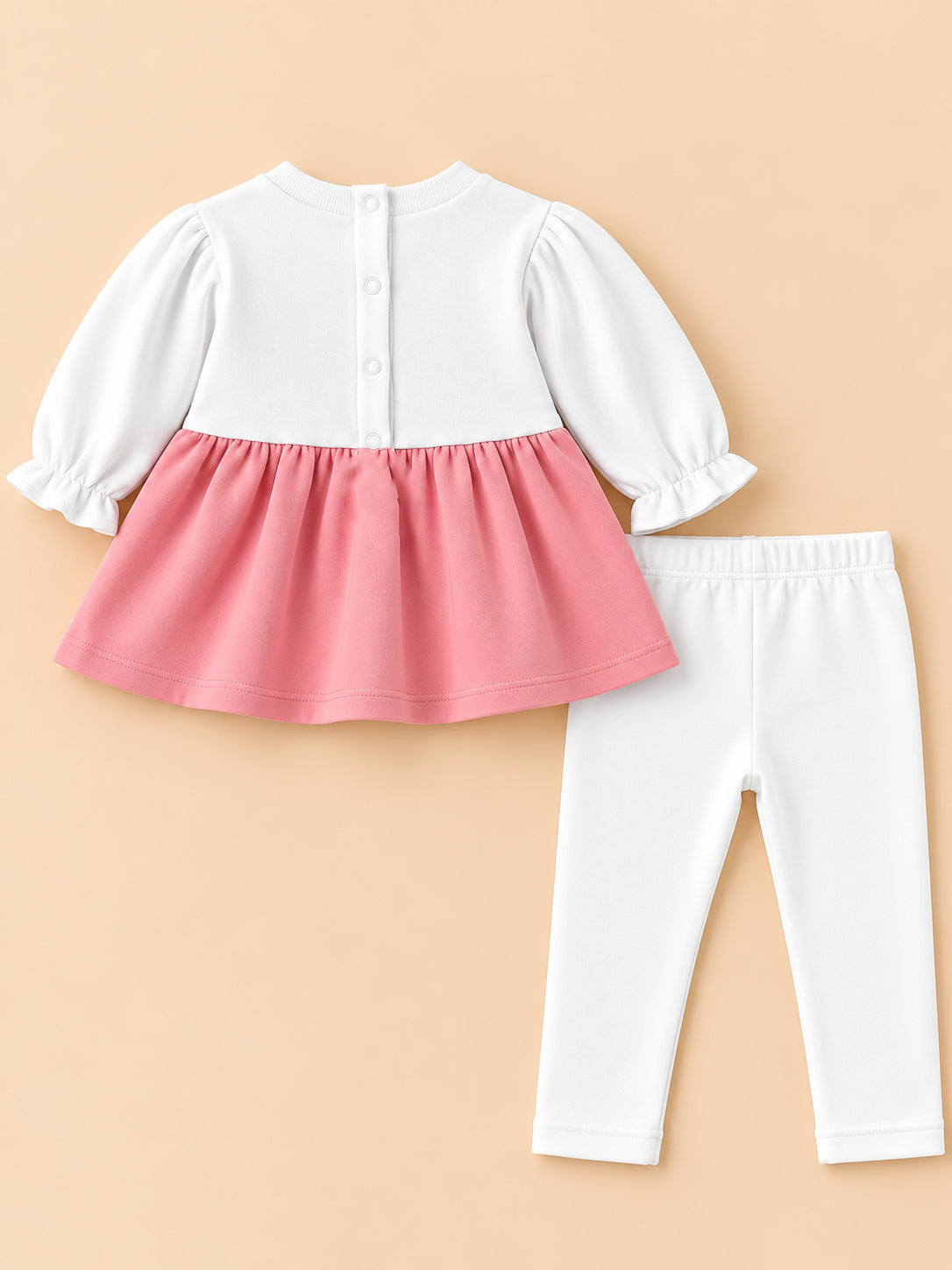 Cool Dreams Floral Lettered Color-Blocked Full Sleeve Top and Bottom for Girls - White & Pink