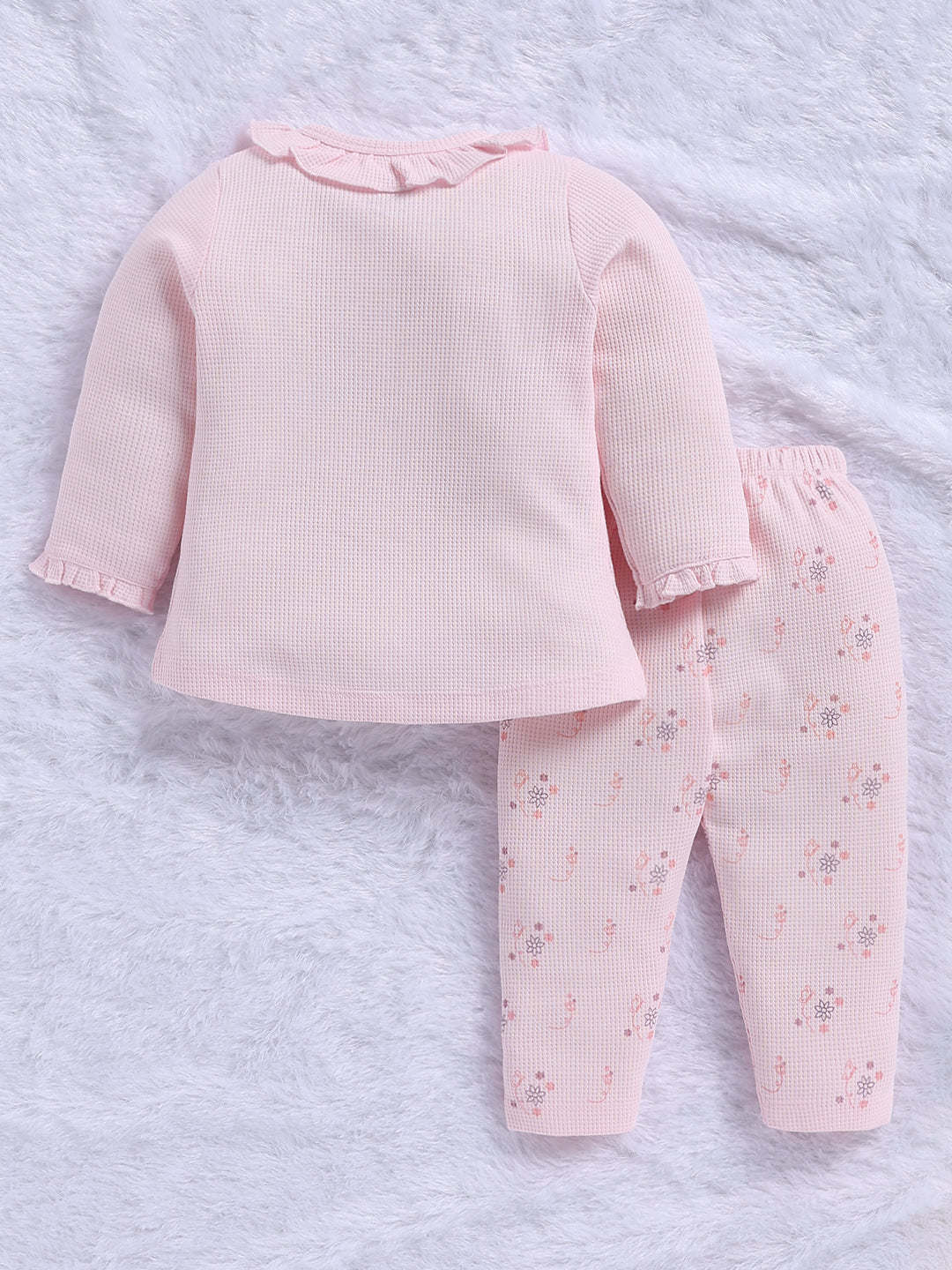 Top & Bottom for Girls - Baby Pink Butterfly Embroidered Waffle Top & Printed Trousers Set