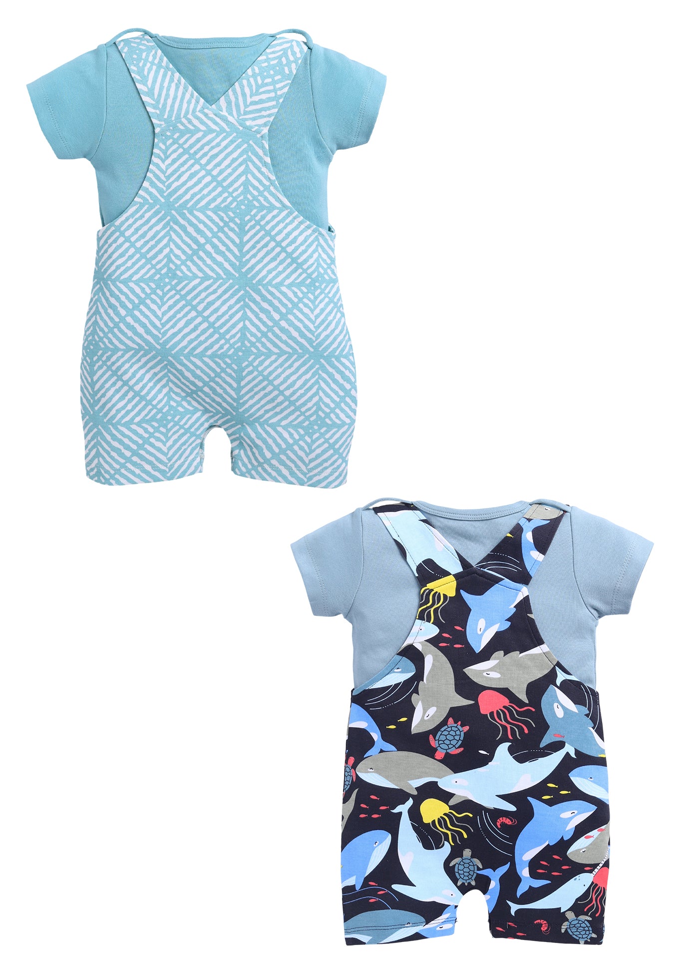Half Sleeve Dungaree for Boys - Sea Green & Navy