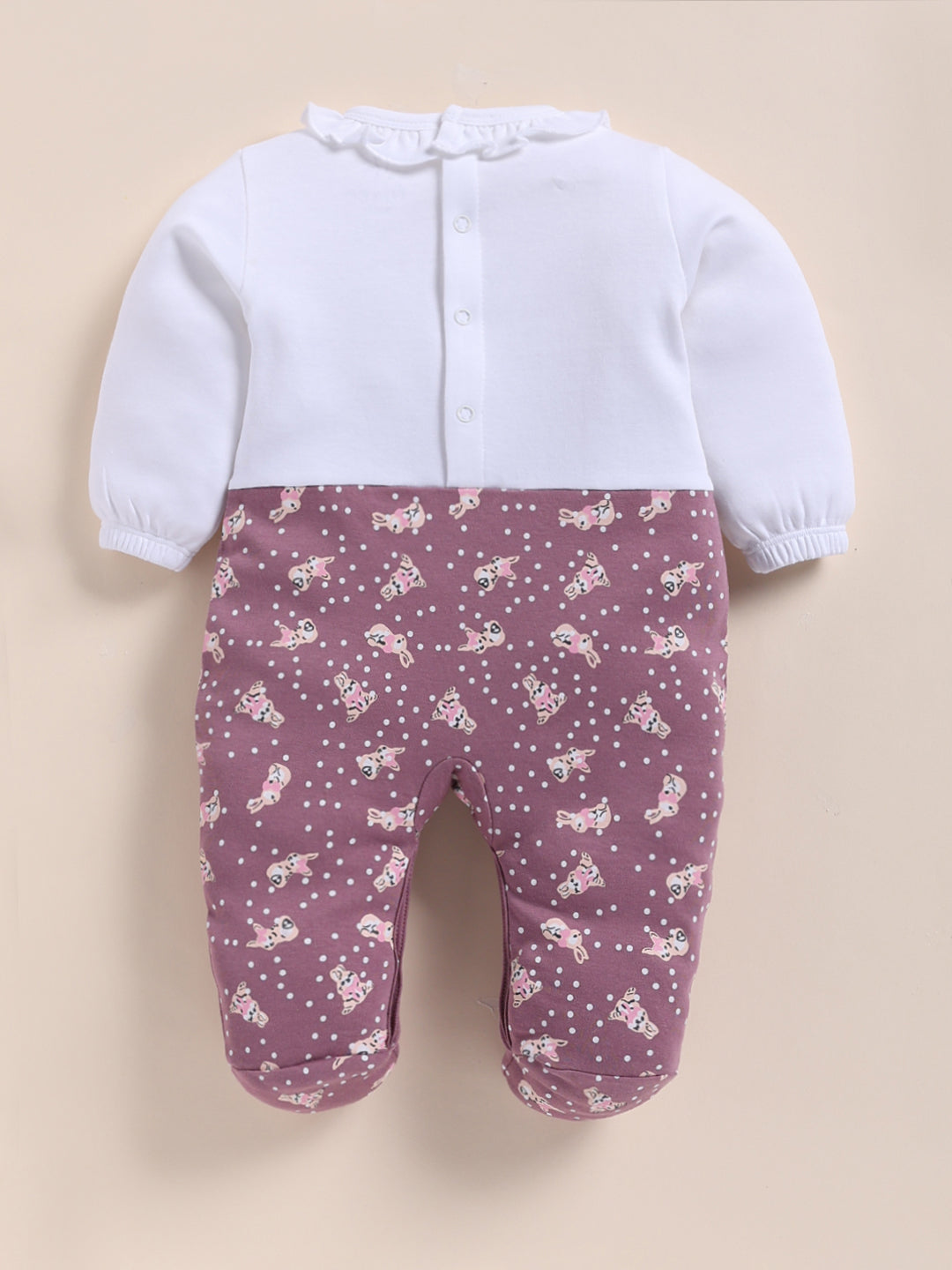 Full Sleeve Romper for Girls – Purple Bunny Embroidered & Polka Dot