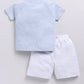 Baby Boy Speckled Top with Bear Pattrned & Light Gray Elastic Waist Shorts-Blue