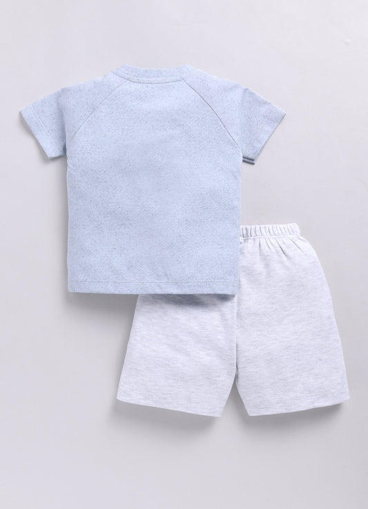 Baby Boy Speckled Top with Bear Pattrned & Light Gray Elastic Waist Shorts-Blue