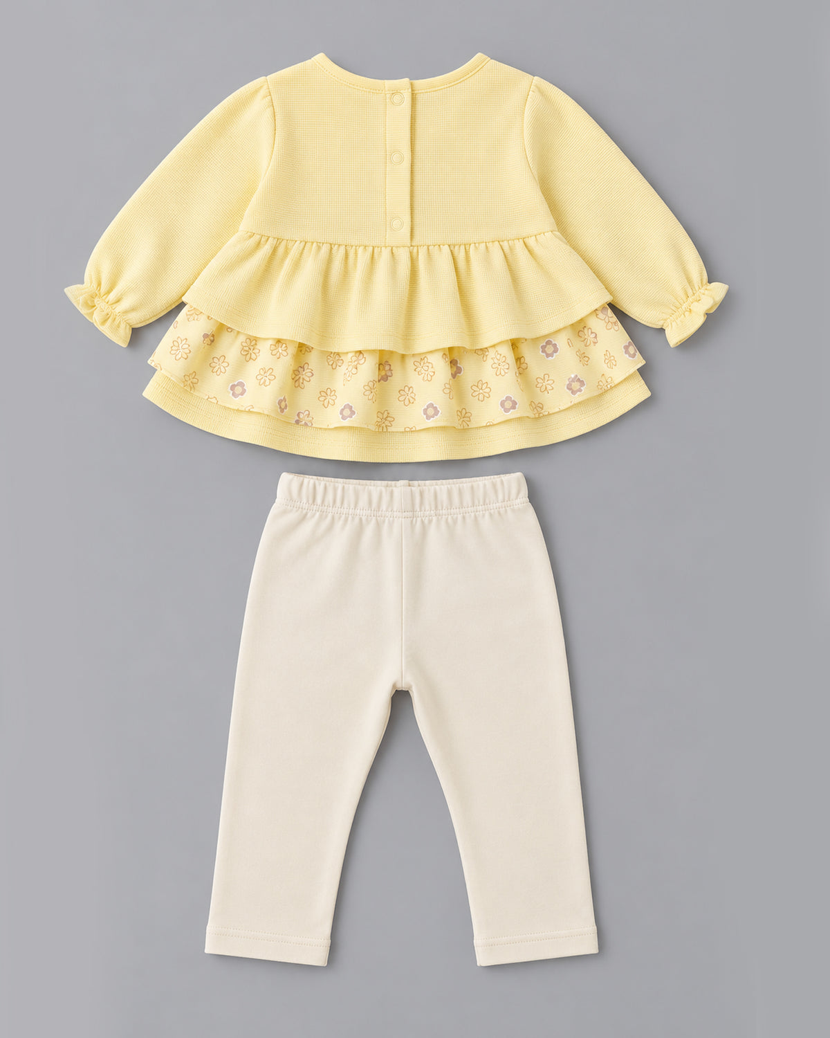 Floral Ruffled Waffle Knit Full Sleeve Top and Bottom for Girls - Light Yellow & Off-White