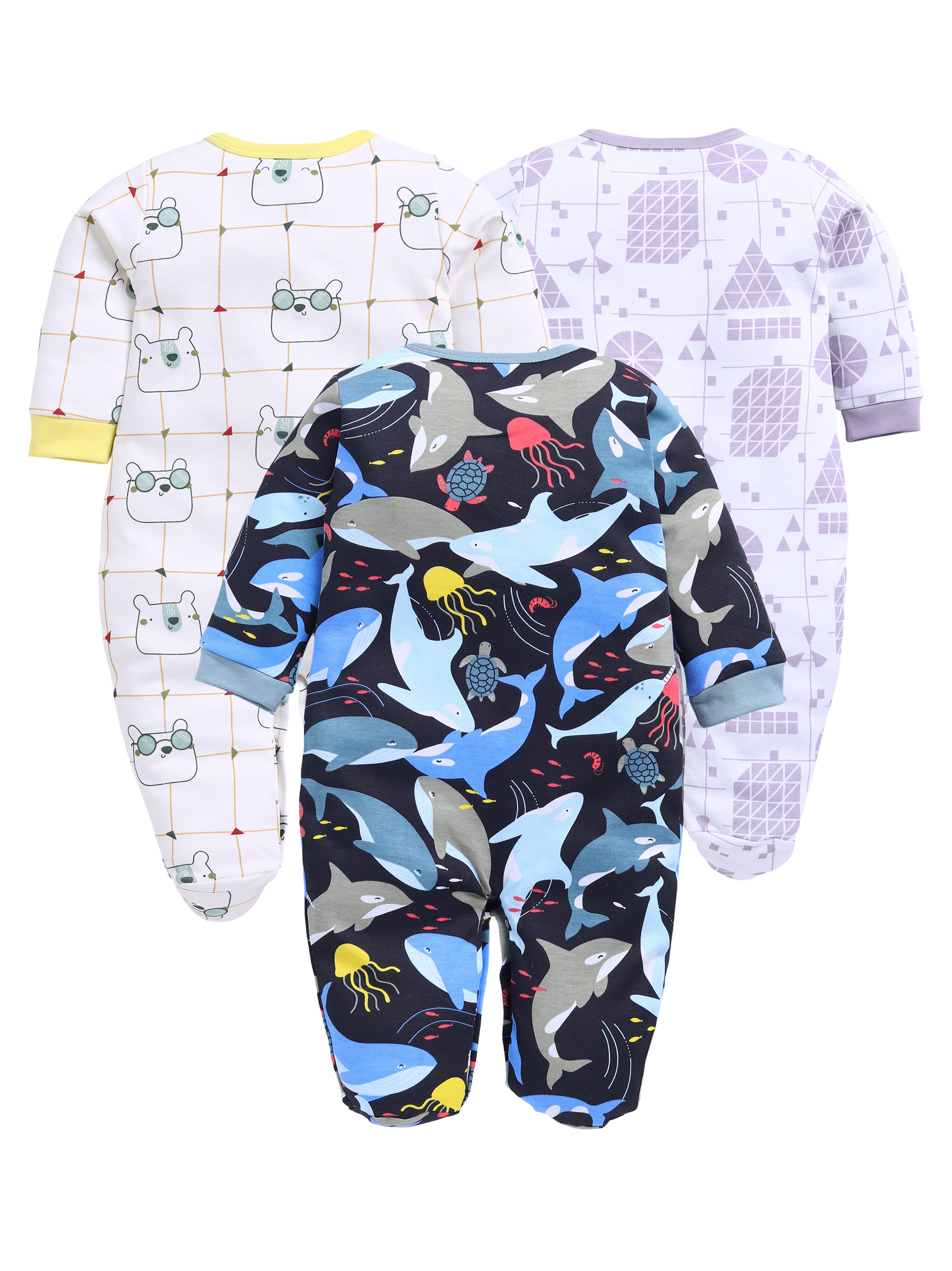 Full Sleeve Romper for Boys - Off-White & Green & Navy