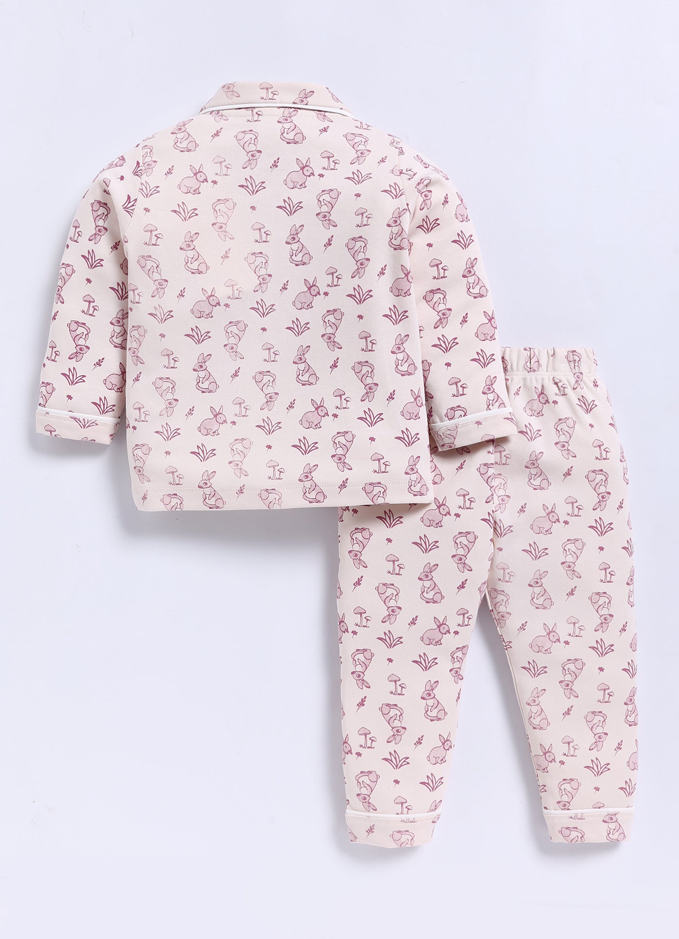 Full-Sleeve Nightsuits for Girls - Cream Rabbits and Mushrooms