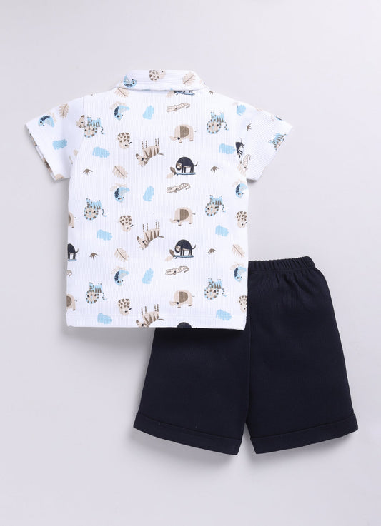 Safari Style Animal Print Half T Shirt & Short Set-Navy Blue
