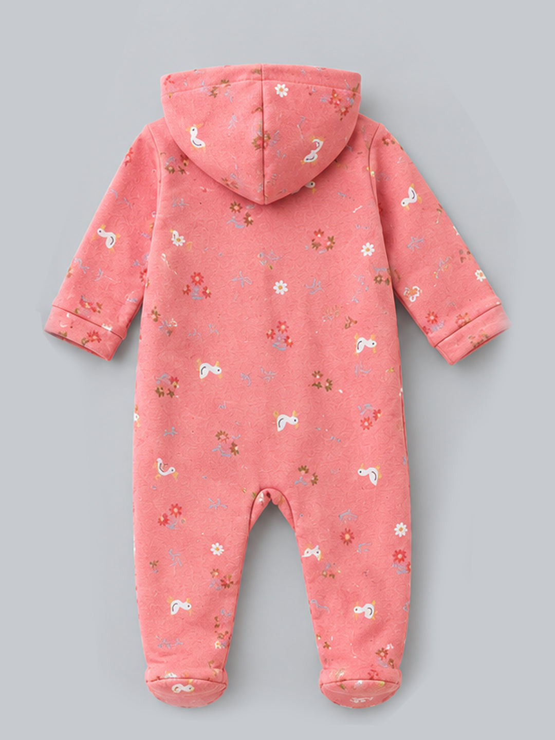 Floral Duck Printed Hooded Fleece-Lined Full Sleeve Romper for Girls - Coral Pink