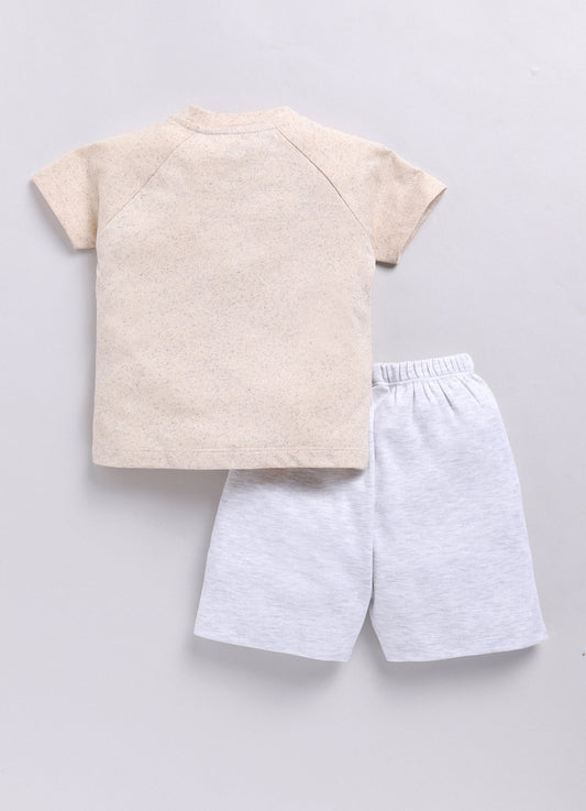 Baby Boy Speckled Top with Bear Pattrned & Light Gray Elastic Waist Shorts-Cream