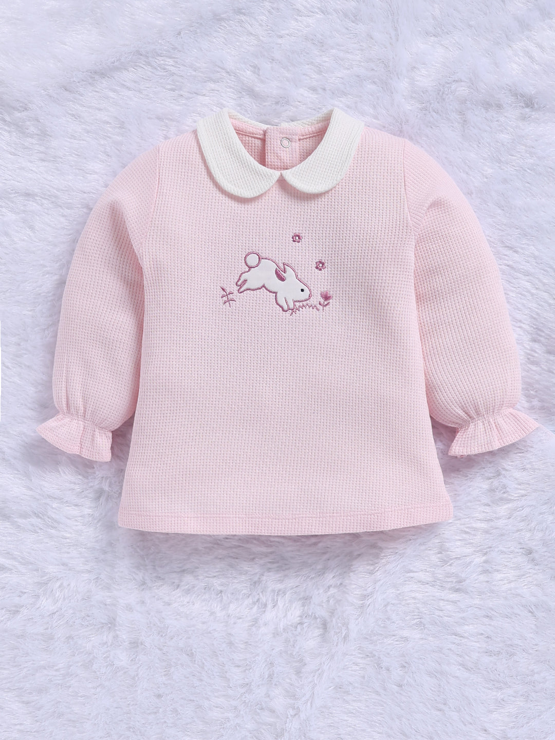 Top & Bottom for Girls - Pink Bunny Embroidered Waffle Top & Trousers Set