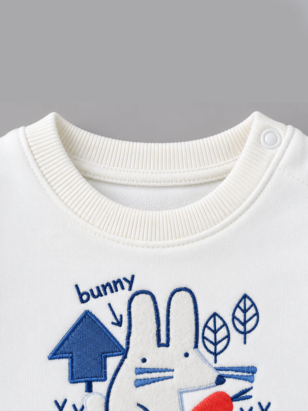 Bunny Embroidered Footed Full Sleeve Romper for Boys - White & Royal Blue