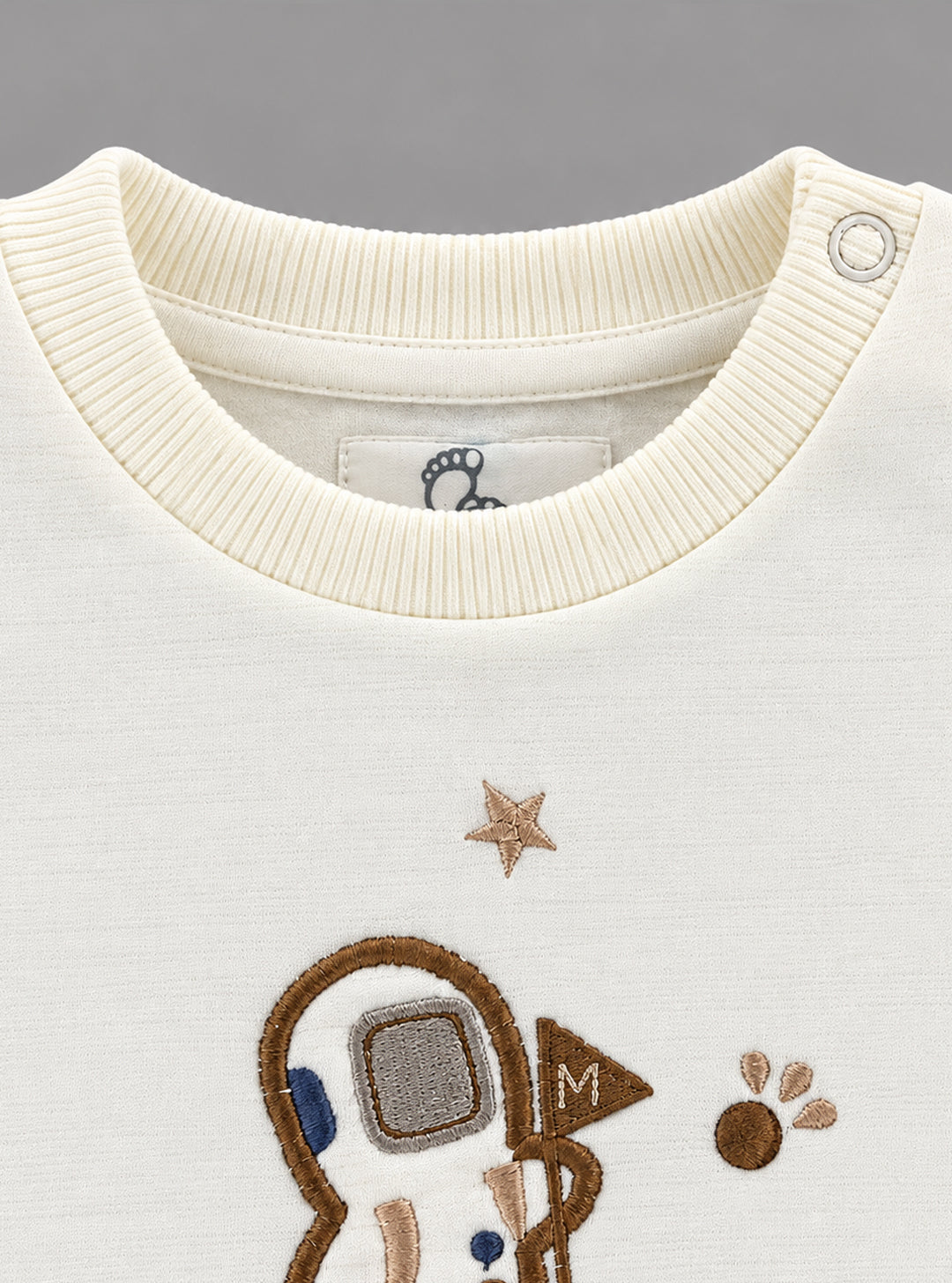 Little Astronaut Embroidered Footed Full Sleeve Romper for Boys - Cream & Beige
