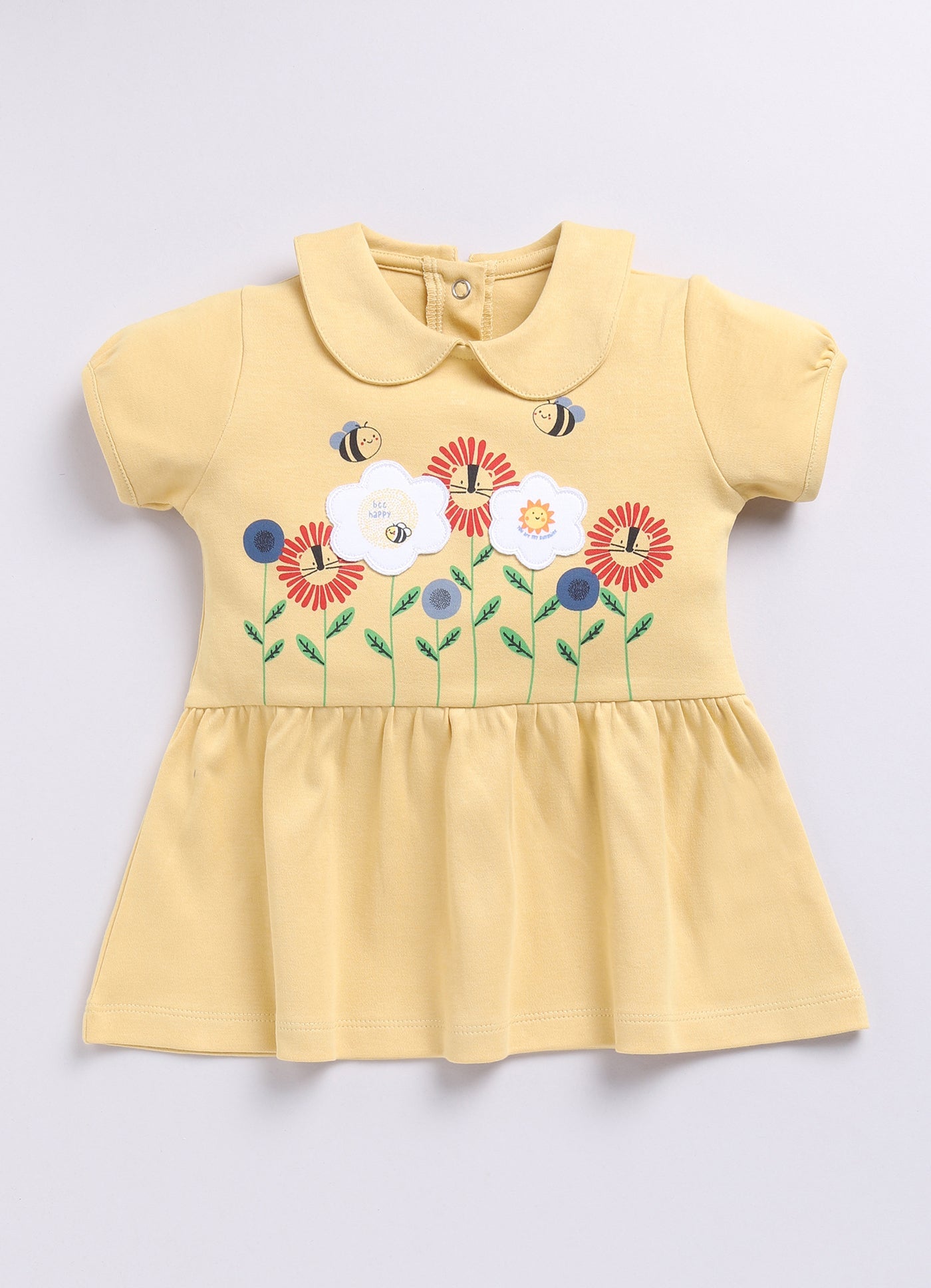 Baby Girl Peter Pan Collar Dress with Flowers & Bees-BEIGE
