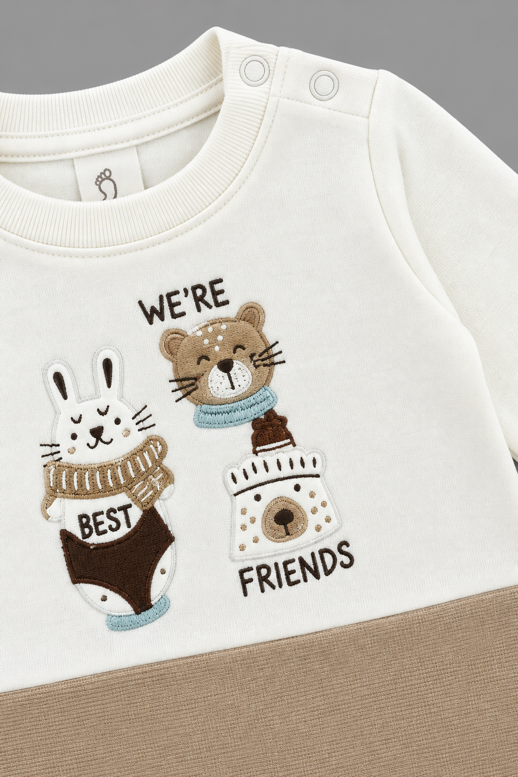 Animal Embroidered Full Sleeve Romper for Boys - Off-White & Beige