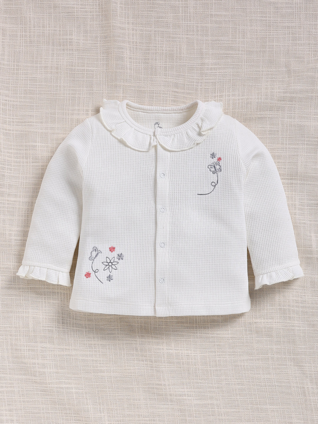 Top & Bottom for Girls - White Butterfly Embroidered Waffle Top & Printed Trousers Set