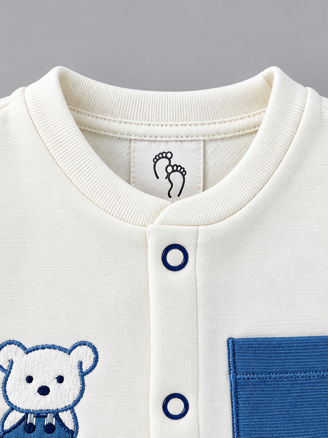 Bear Patterned Footed Full Sleeve Romper for Boys - White & Blue