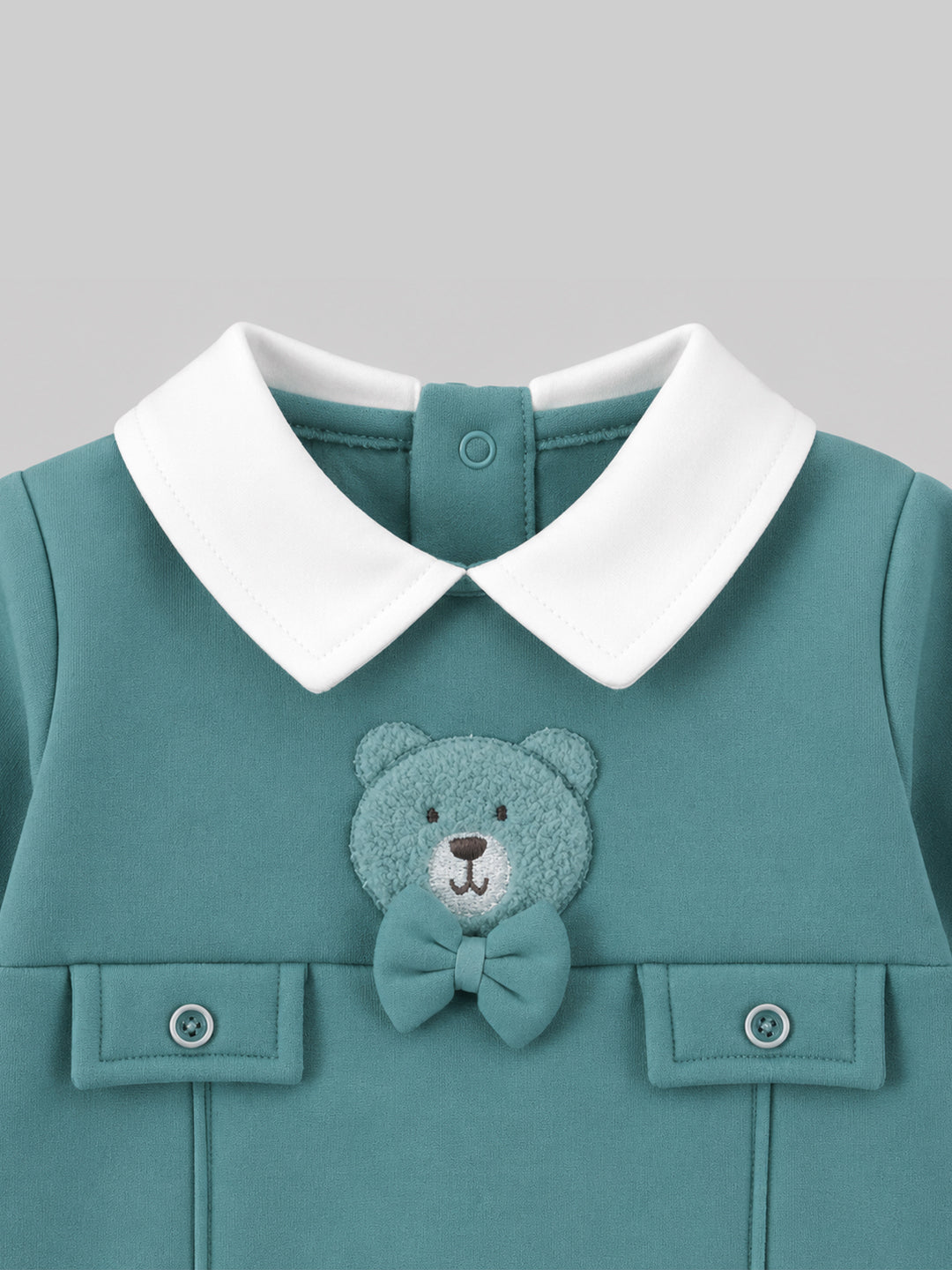 Teddy Bear Collared Full Sleeve Romper for Boys - Teal & White