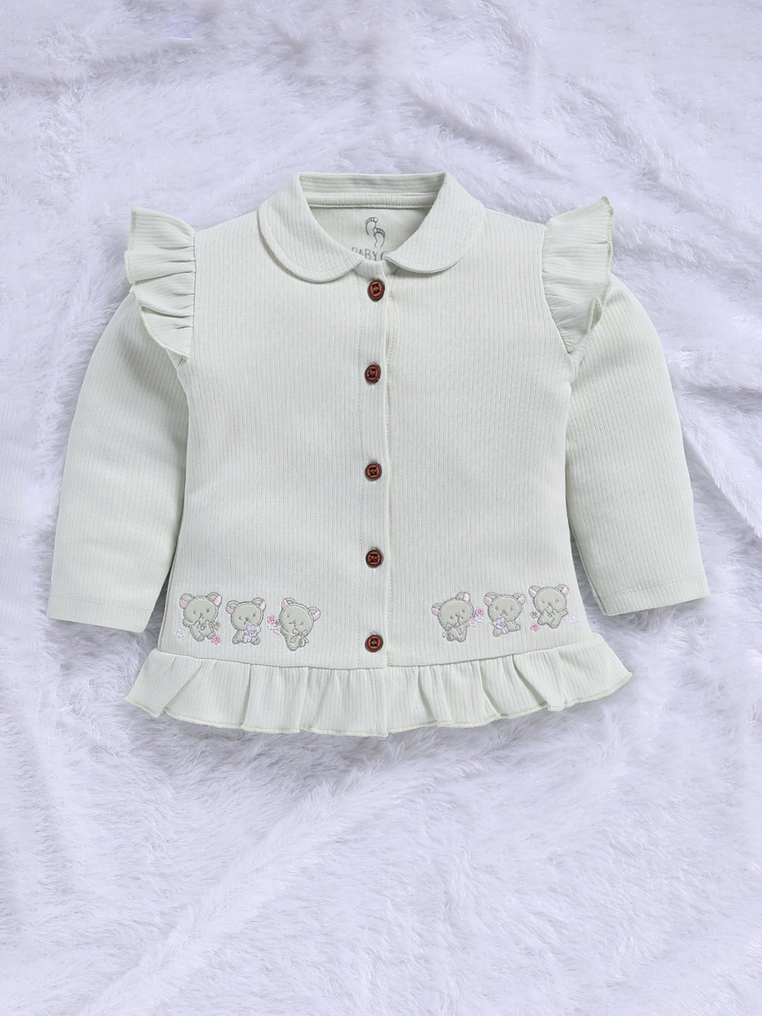 Top & Bottom for Girls - Mint Green Bear Print Ruffle Tunic & Trousers Set