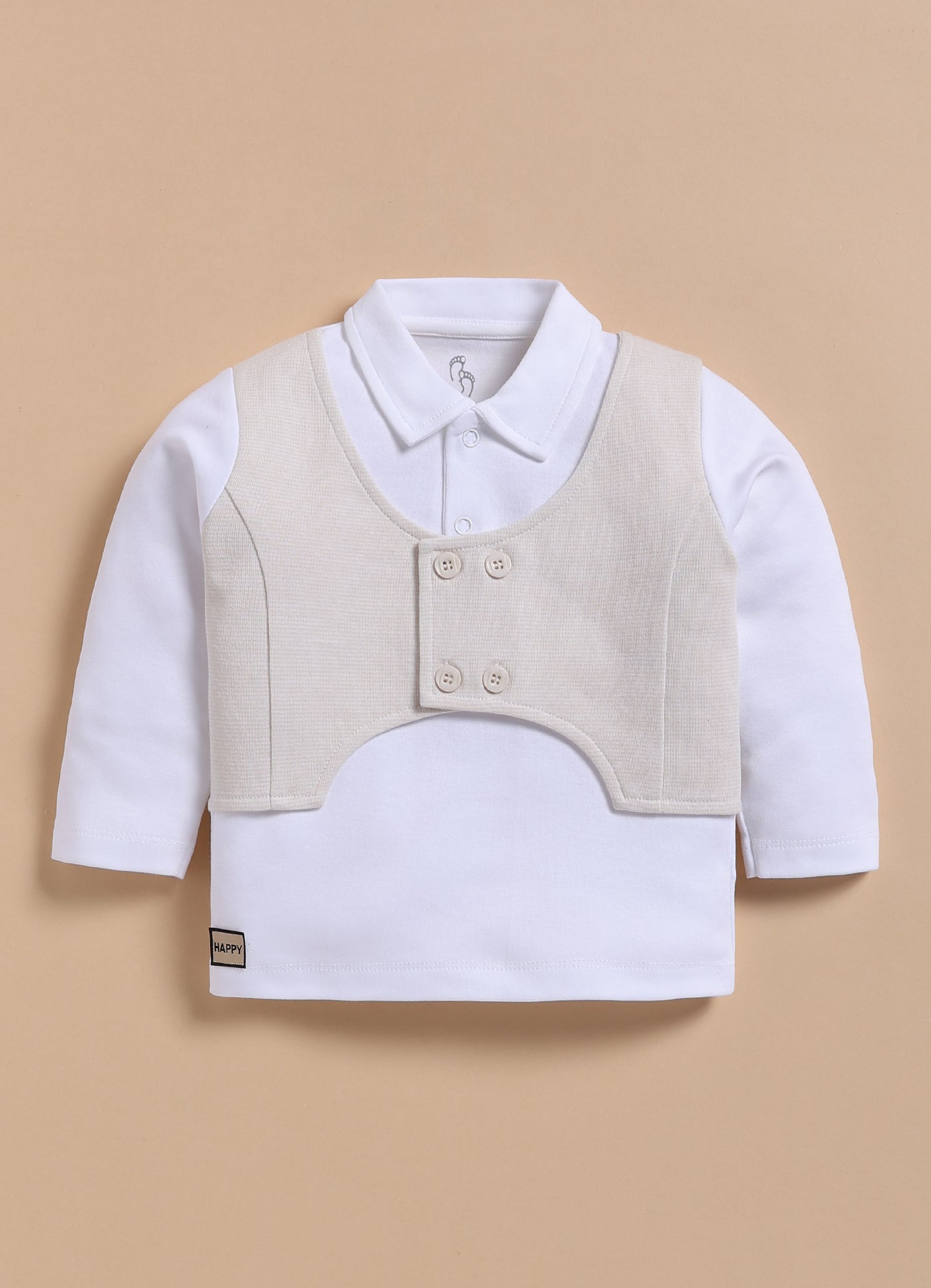 Full-Sleeve Top & Bottom Set for Boys with Jacket – Beige