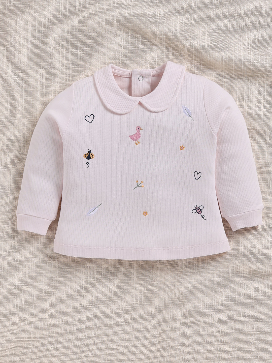 Top & Bottom for Girls - Pink Embroidered Ribbed Top & Trousers Set