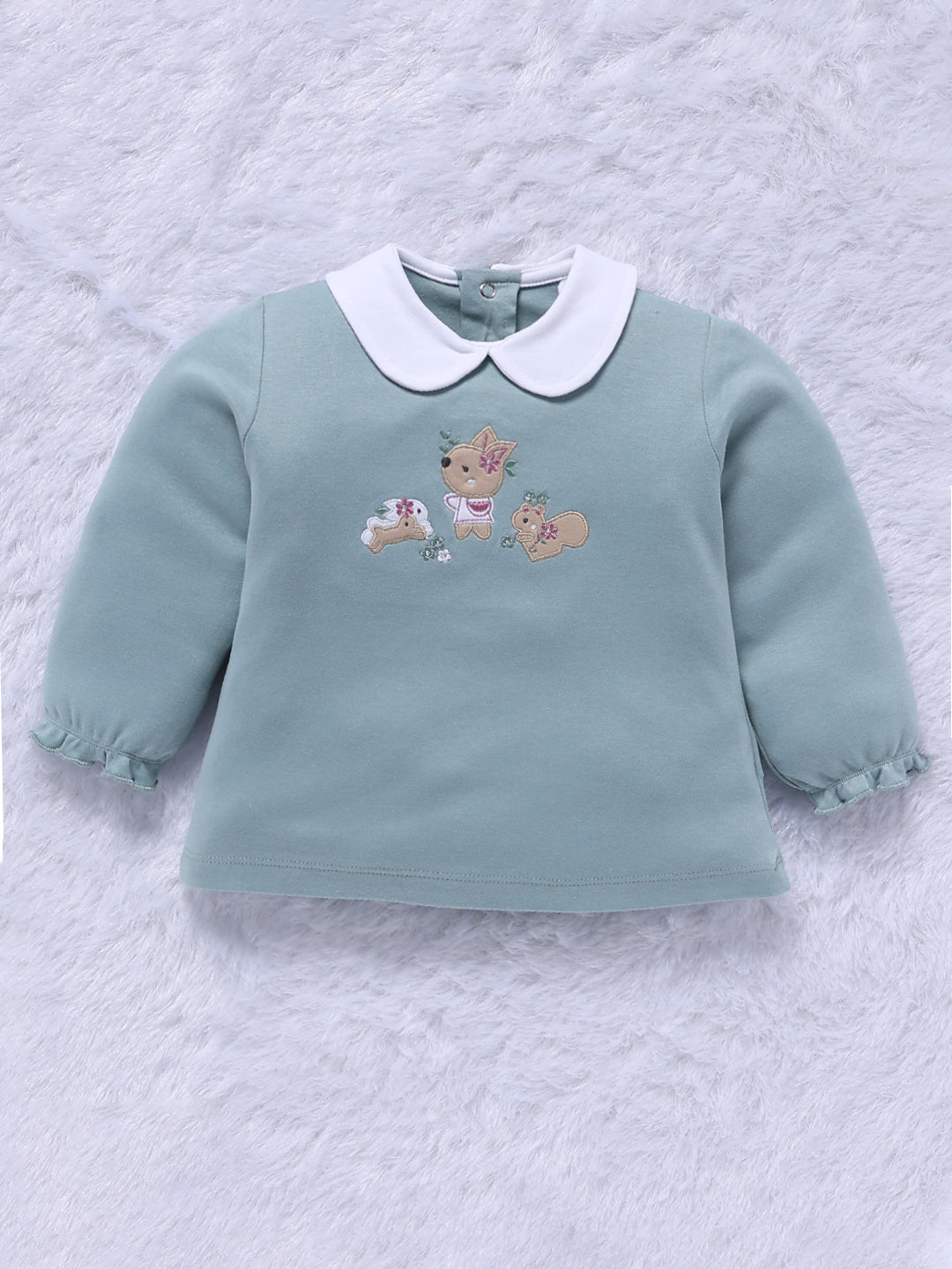 Top & Bottom for Girls - Mint Green Animal Embroidered Top & Floral Trousers Set