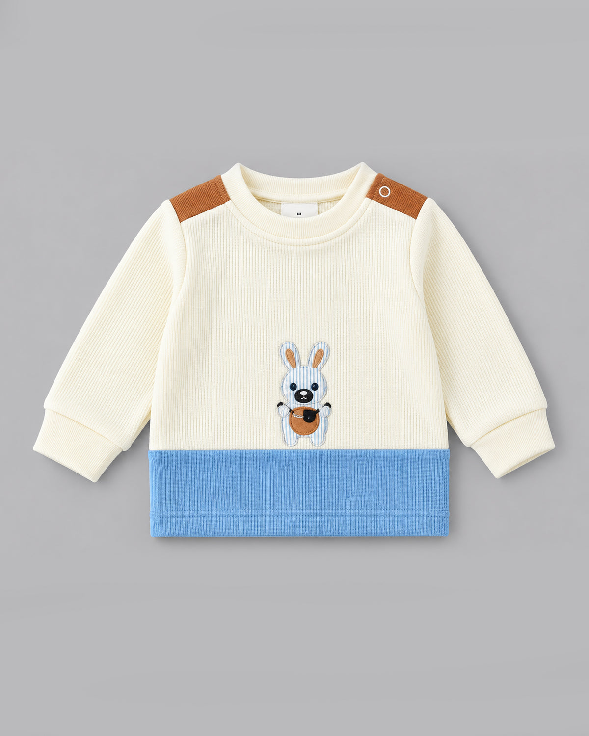 Pirate Bunny Embroidered Color-Blocked Waffle Knit Full Sleeve Top and Bottom for Boys - Off-White