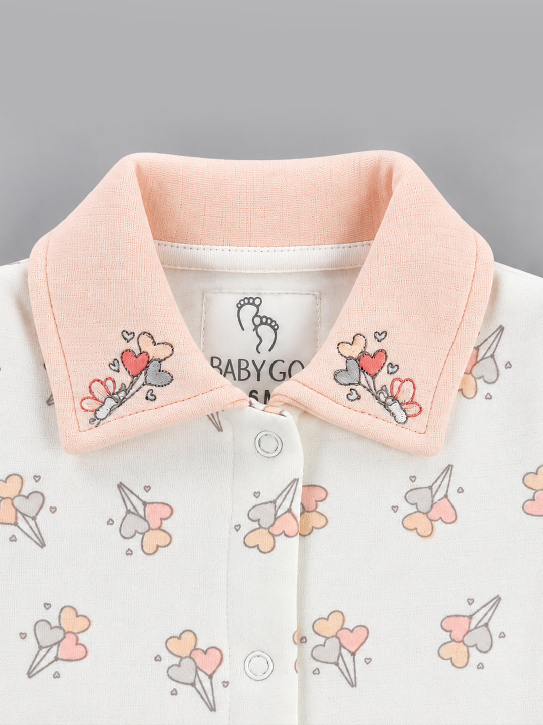 Sweet Heart Balloon Collared Full Sleeve Romper - Off-White & Pastel Pink