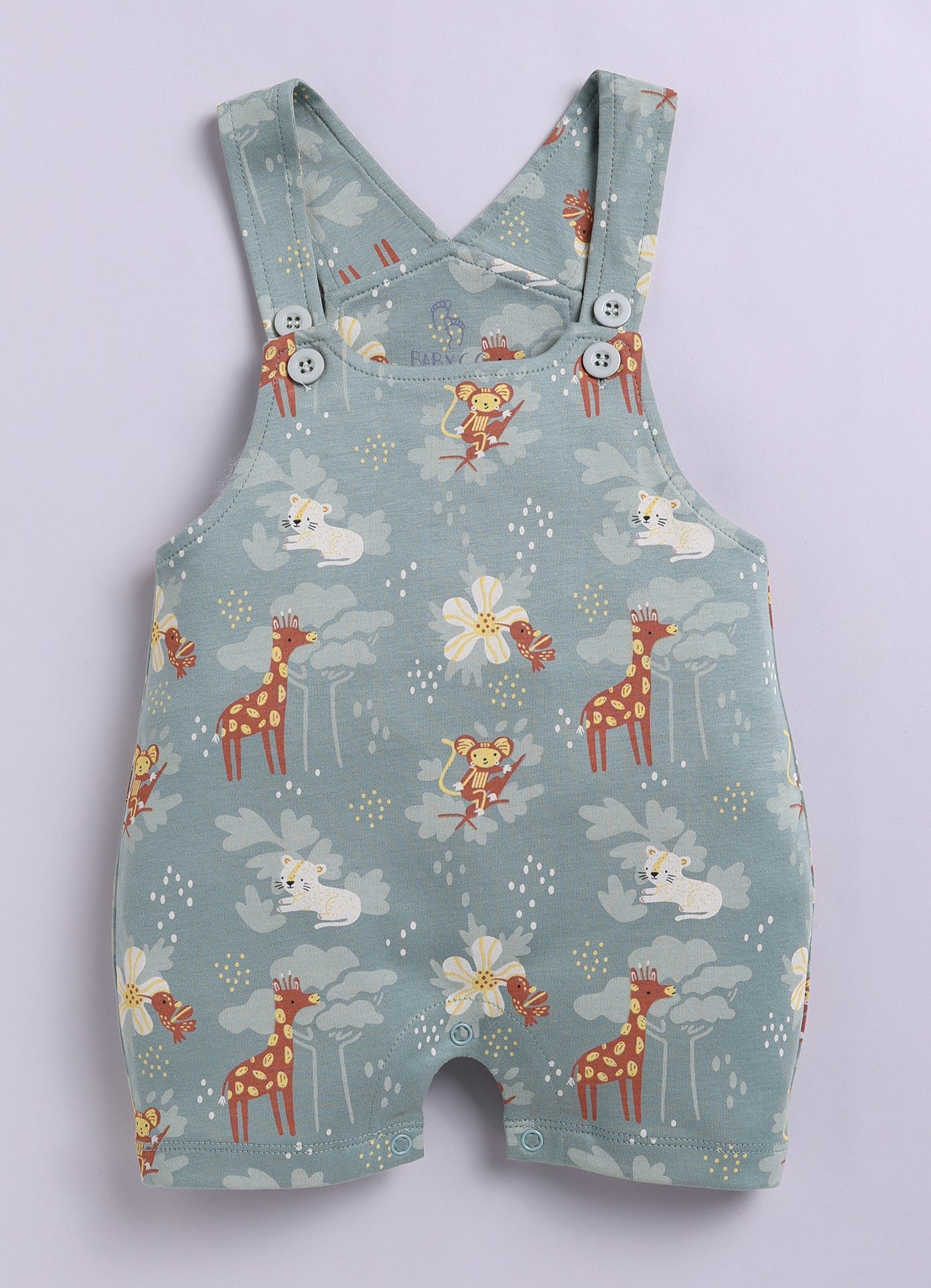 Baby Girls Jungle Safari Dungaree Set – Teal Animal Print with Yellow Tee