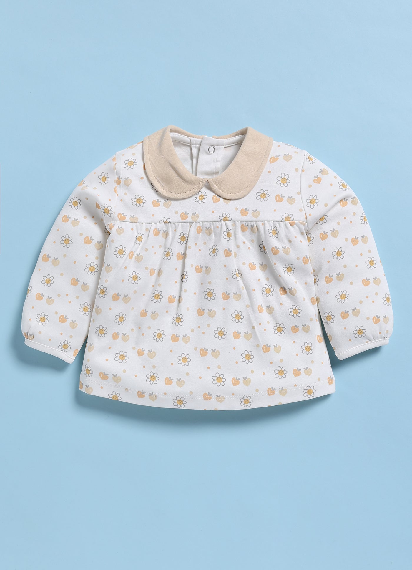 Full-Sleeve Top & Bottom For Girls - Beige Flowers