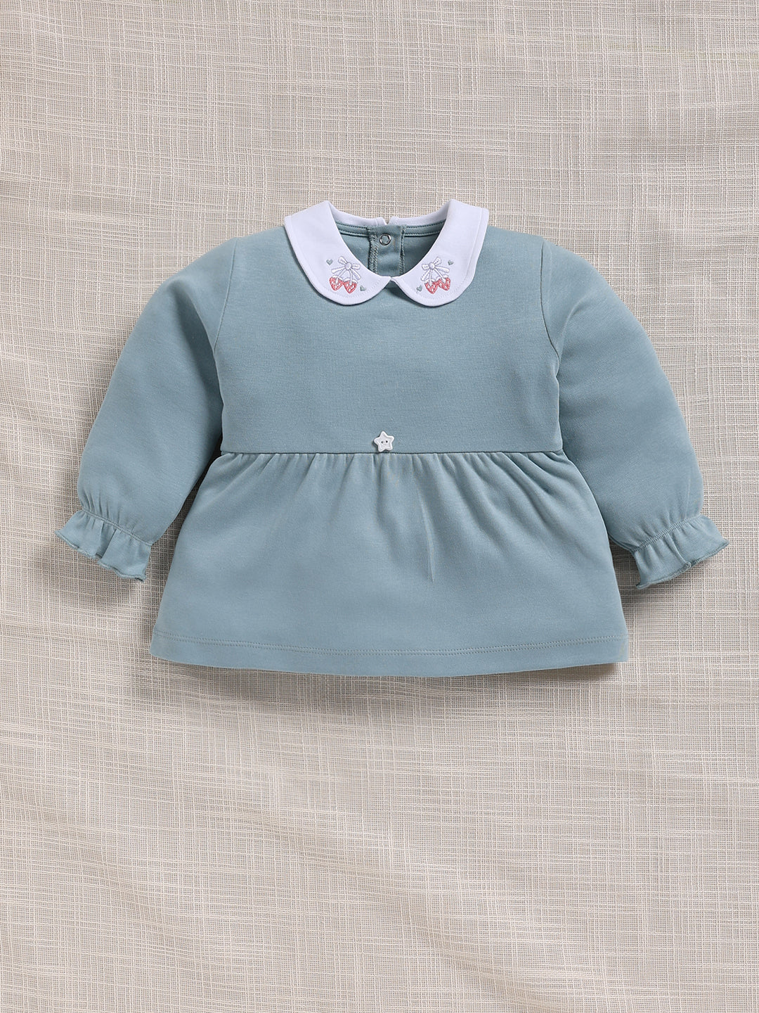 Top & Bottom for Girls - Dusty Blue Embroidered Collar Peplum Top & Bow-Accent
