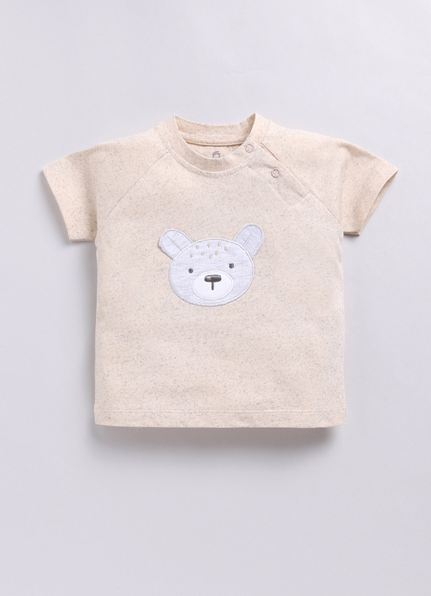 Baby Boy Speckled Top with Bear Pattrned & Light Gray Elastic Waist Shorts-Cream