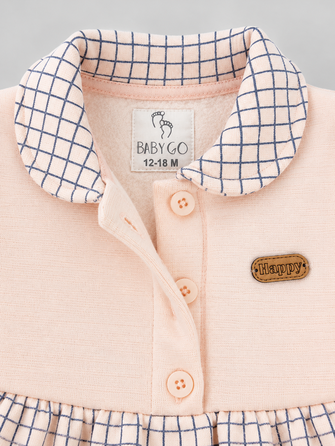 Grid Printed Collared Fleece-Lined Full Sleeve Top and Bottom for Girls - Light Pink & Blue