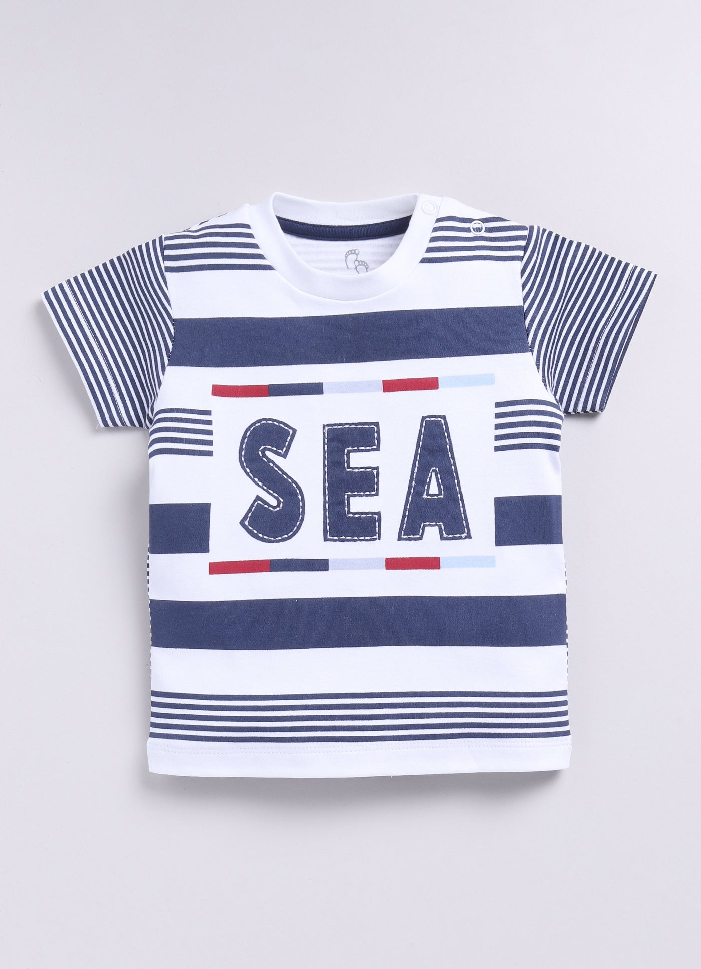 Baby Boy SEA Printed & Nautical Stripes Half T-Shirt and Shorts Set-Navy Blue