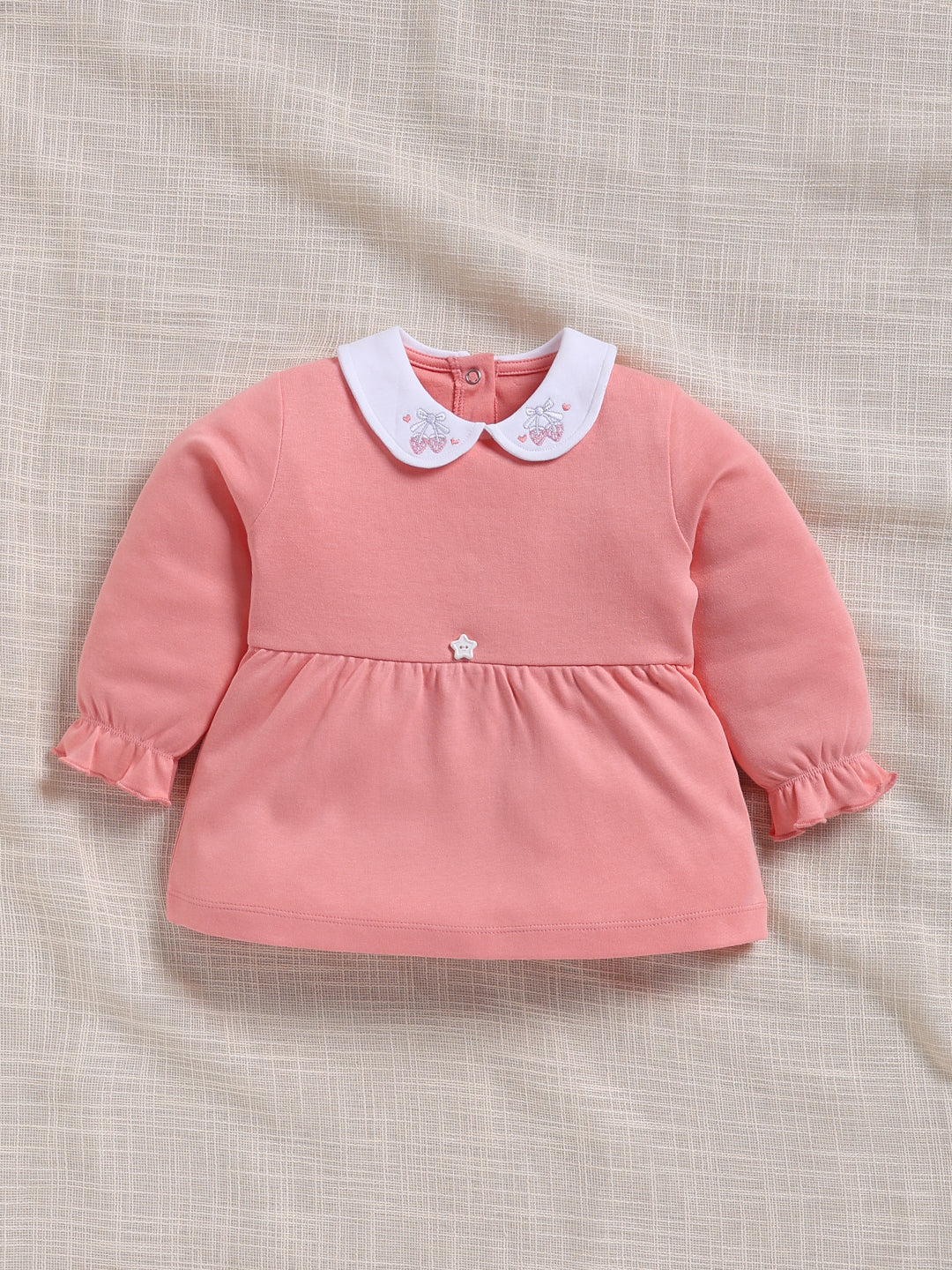 Top & Bottom for Girls - Coral Pink Embroidered Collar Peplum